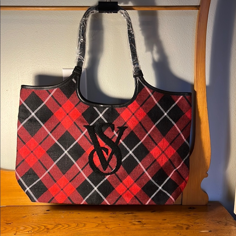 Victoria's Secret Red and Black Tote Bag with Plaid Design NWT